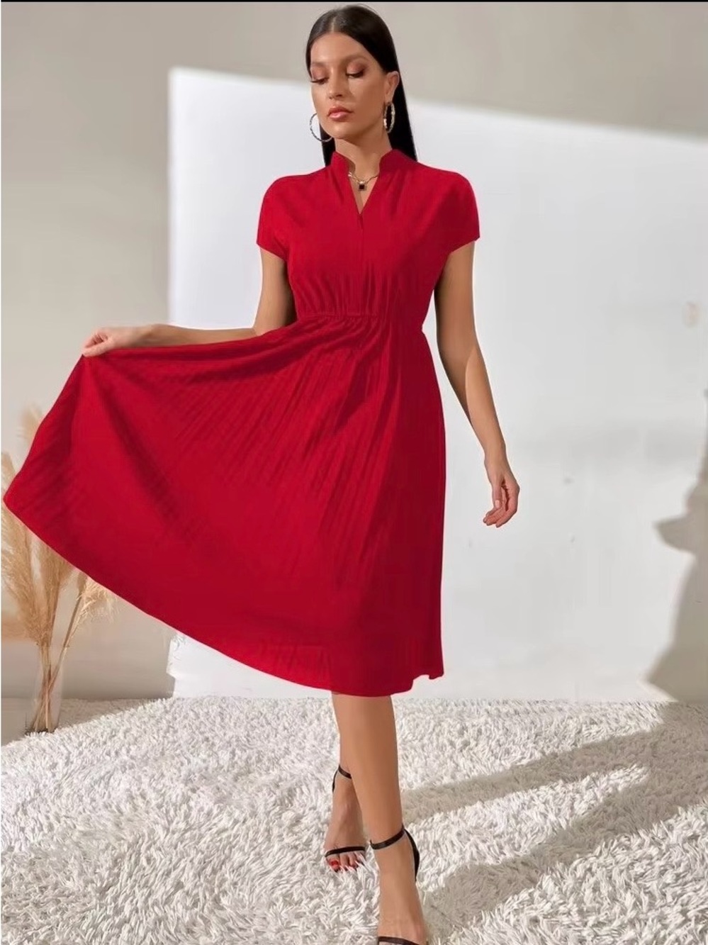 SHEIN Red V-Neck Gathered Waist Midi Dress